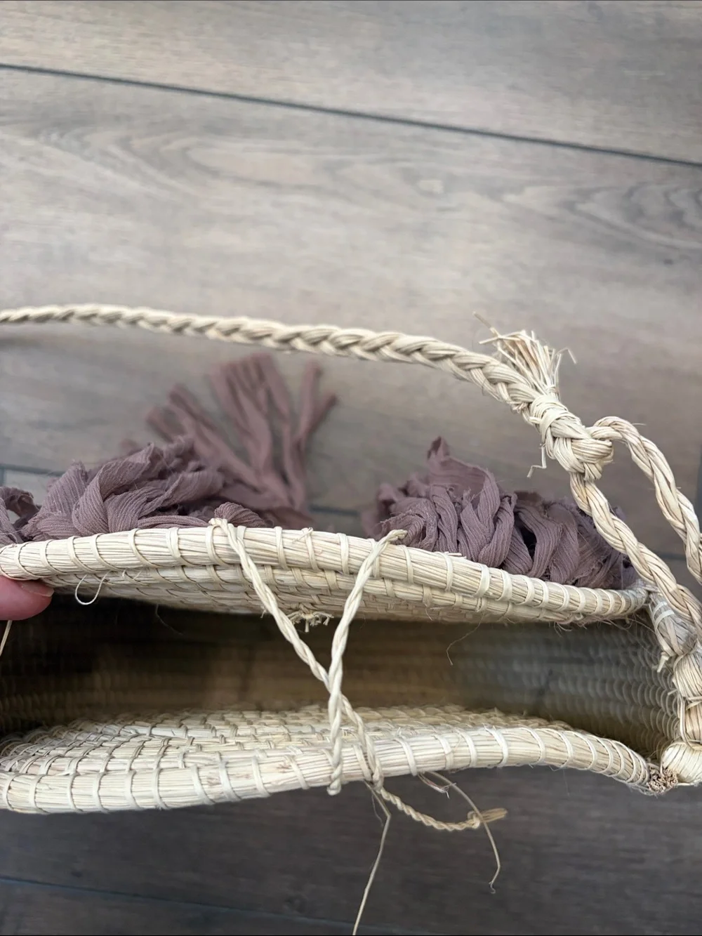 Woven Round Straw Crossbody Bag with Taupe Fringe